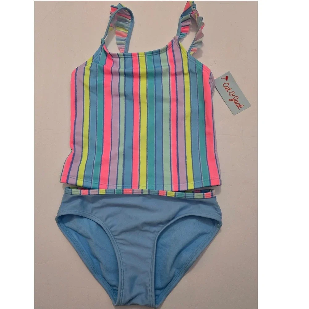 Cat & Jack Girls Tankini Swimsuit Set Striped Ruffle 2-Piece Blue Pink M 8 NWT